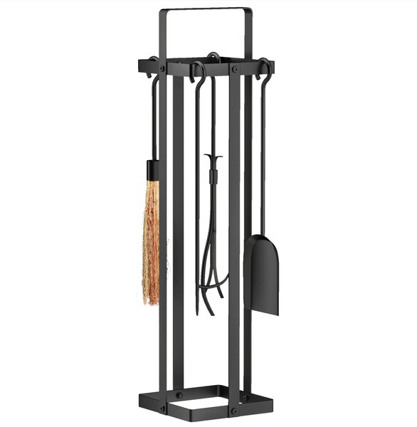 Outsunny Set di accessori per camino, 5 pezzi, scopino, paletta, pinze, attizzatoio, supporto in metallo, Nero | Aosom Italy