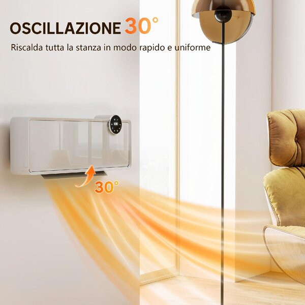 DecHome Termoventilatore Stufa Elettrica Ceramica 2000W da Parete con 3 Modalit Temperatura Regolabile Timer e Telecomando colore Bianco - W860WT