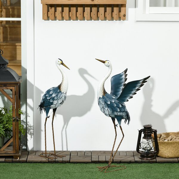 Outsunny Set da 2 statue da giardino esterno scultura di airone in acciaio per stagno, patio, terrazza, prato, 74/70cm multicolore | Aosom Italy