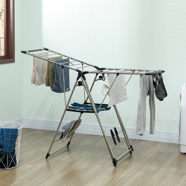 HOMCOM Stendibiancheria pieghevole da terra con ali regolabili, portascarpe, in acciaio inox, 156,5 x 68 x 192 cm, Argento | Aosom Italy