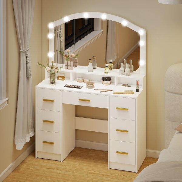 HOMCOM Toeletta per Trucco con Luci LED a 3 Colorazioni e Specchio, 7 Cassetti e 3 Scomparti, 110x40x150 cm, Bianco | Aosom Italy