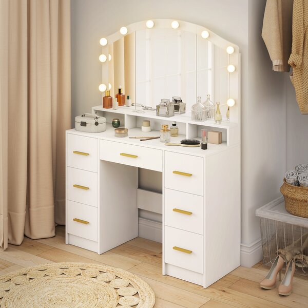 HOMCOM Toeletta con 10 lampade LED in stile Hollywood, specchio, 7 cassetti, 3 scomparti, MDF, bianco | Aosom Italy