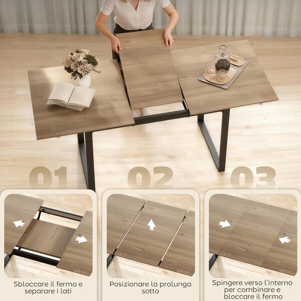 HOMCOM Tavolo da Pranzo Industriale per 6-8 Persone con Ribalta Rotonda, in Legno e Acciaio, 180x80x75 cm | Aosom Italy