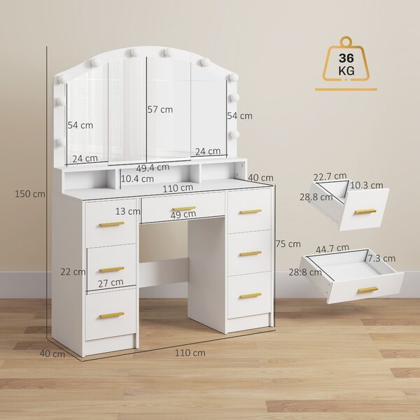 HOMCOM Toeletta per Trucco con Luci LED a 3 Colorazioni e Specchio, 7 Cassetti e 3 Scomparti, 110x40x150 cm, Bianco | Aosom Italy