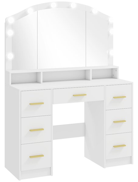 HOMCOM Toeletta per Trucco con Luci LED a 3 Colorazioni e Specchio, 7 Cassetti e 3 Scomparti, 110x40x150 cm, Bianco | Aosom Italy