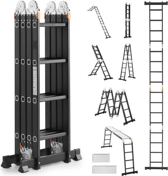 Scala pieghevole multifunzionale 7 in 1, 4 gradini da 15,5 piedi, tavola da ponteggio stabile per uno stile di lavoro sicuro