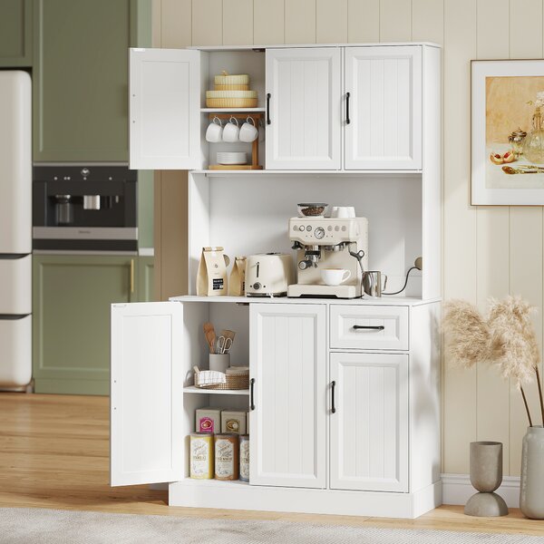 HOMCOM Armadio cucina con piano di lavoro, foro per cavi e ripiani regolabili, in MDF, 180,5 cm, Bianco | Aosom Italy