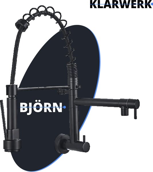 KLARWERK® Björn | Rubinetto per acqua fredda da parete per la ristorazione, nero | Rubinetto da cucina in acciaio inossidabile con due doccette | Rubinetto per doppio lavello da ristorante