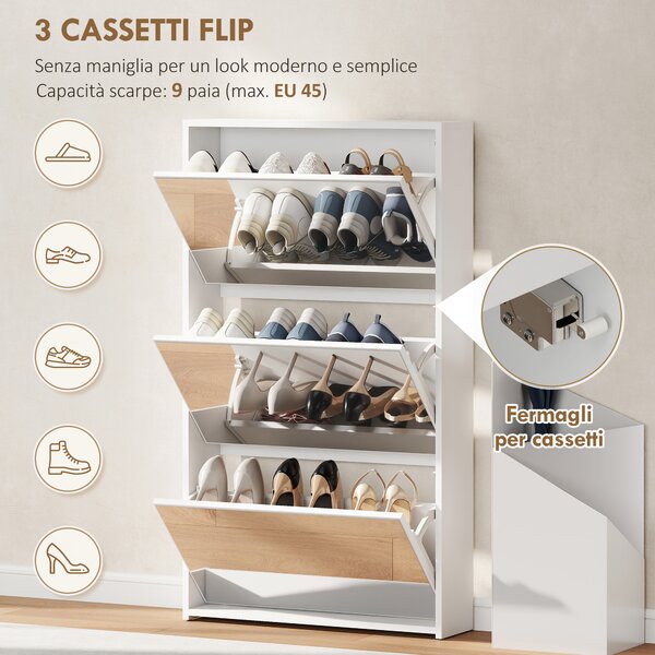 HOMCOM Scarpiera a Specchio con 3 Cassetti a Ribalta per 9 Paia di Scarpe, in Legno, 65x17x114.5 cm, Bianco | Aosom Italy