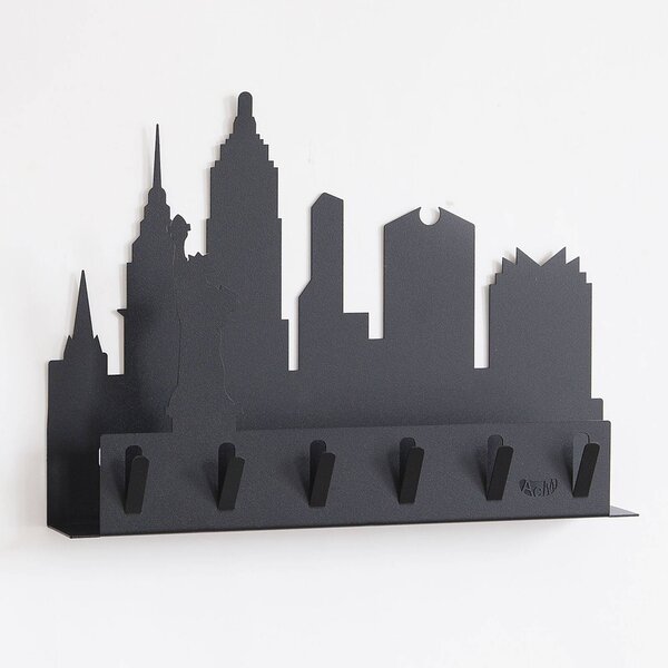 Porta Chiavi Da parete Portachiavi da parete che presenta lo skyline di New York con sei ganci per appoggiare New York in metallo, 35x h 27cm, colore Nero Goffrato