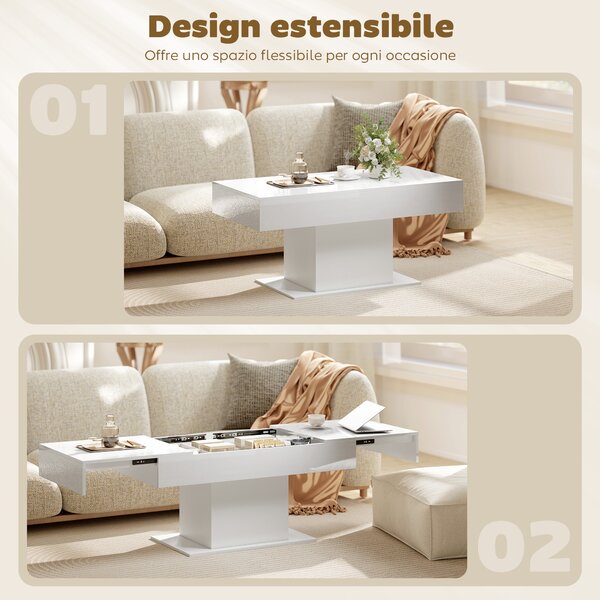 HOMCOM Tavolino da Caffè Estensibile con Vano Contenitore Moderno, 108-178.5x53x49 cm, Bianco Lucido | Aosom Italy