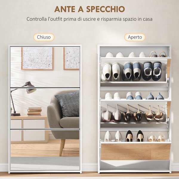 HOMCOM Scarpiera a Specchio con 3 Cassetti a Ribalta per 9 Paia di Scarpe, in Legno, 65x17x114.5 cm, Bianco | Aosom Italy