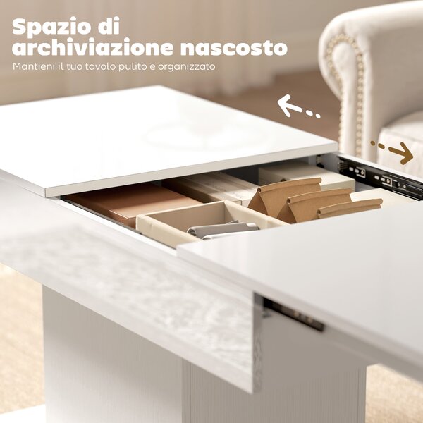 HOMCOM Tavolino da Caffè Estensibile con Vano Contenitore Moderno, 108-178.5x53x49 cm, Bianco Lucido | Aosom Italy