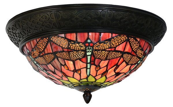 Clayre & Eef Lampada da soffitto Tiffany Ø 38x19 cm Rosso Verde Vetro Libellula
