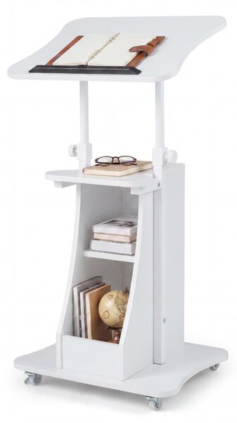 KOMFOTTEU Leggio regolabile in altezza, leggio con rotelle e piano ribaltabile, scrivania mobile in piedi con 2 scomparti e ripiano aperto, leggio per presentazioni per l'home office e l'ufficio, 50 x 40 x 72-112 cm