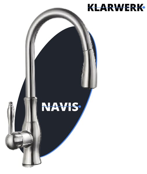KLARWERK® NAVIS | Rubinetto da cucina estraibile in acciaio inossidabile, finitura argento spazzolato | Miscelatore ad arco alto | Rubinetto ad alta pressione, orientabile a 360°, 2 attacchi