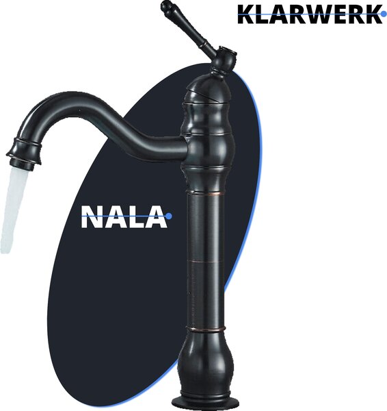 KLARWERK® NALA | Rubinetto da bagno alto in stile Vintage Hotel, finitura nera spazzolata | Rubinetto in acciaio inossidabile per lavabi alti | Miscelatore a 2 vie
