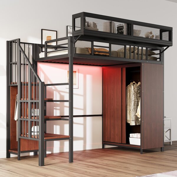 Letto a soppalco in metallo Fortuna Lai 90 × 200 cm Con armadio, scaletta di sicurezza, illuminazione a LED e sponde di protezione In rete Con ripiani rimovibili, nero