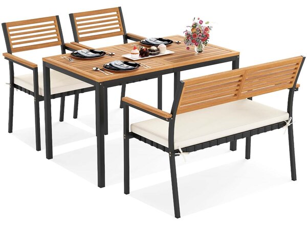Set di mobili da giardino KOMFOTTEU da 4 pezzi, set da pranzo in legno di acacia con struttura in metallo, mobili da balcone con tavolo, 2 sedie e panca, set da 4 posti con cuscini, per giardino, terrazza e balcone