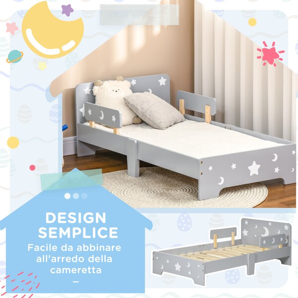 Letto Bambini 3-6 Anni Con Stelle E Luna - In MDF E Truciolato, 143x76x49 Cm, Grigio E Legno - Foto 5