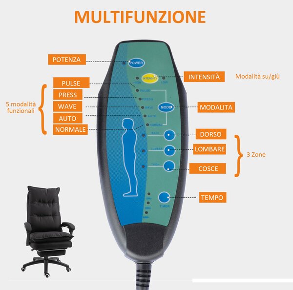 Vinsetto Poltrona da Ufficio Ergonomica Massaggiante Reclinabile con Altezza Regolabile, sedia con Seduta Imbottita e Rotelle, Nero | Aosom Italy