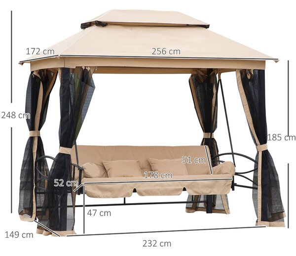 Outsunny Dondolo 3 Posti Convertibile in Lettino Singolo, Beige, con Zanzariera e Cuscini, 256x172x248cm, Multifunzione|Aosom