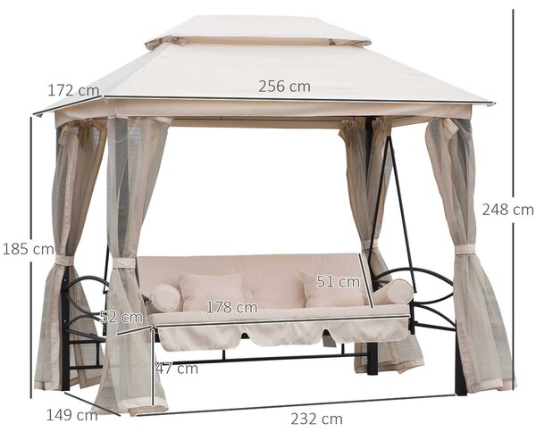 Outsunny Dondolo 3 Posti e Lettino Singolo Copertura a Gazebo con Zanzariera e Cuscini 256x172x248cm Crema|Aosom