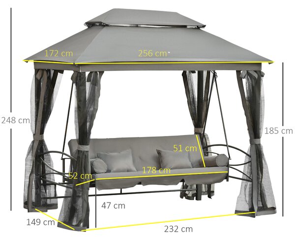 Outsunny Dondolo 3 Posti e Lettino Singolo Copertura a Gazebo con Zanzariera e Cuscini, Grigio Scuro 256x172x248cm|Aosom
