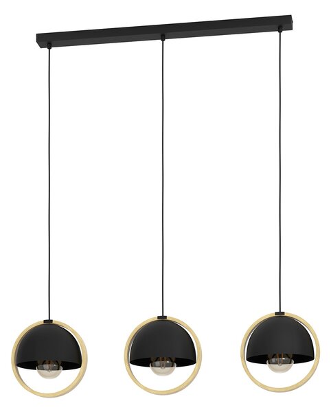 Lampadario A Sospensione Vintage Callow Acciaio Nero Legno 3 Luci E27
