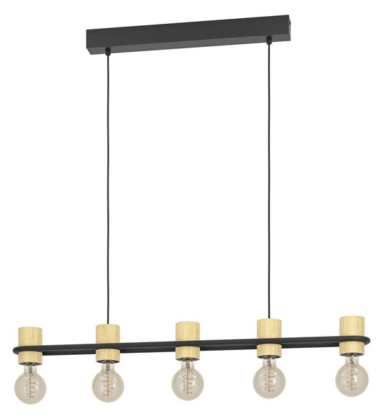 Lampadario A Sospensione Vintage Chieveley Acciaio Nero Legno 5 Luci E27