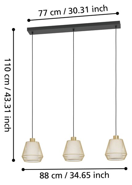 Lampadario A Sospensione Moderno Ciudadela Acciaio Nero Ottone 3 Luci E27