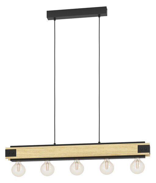 Lampadario A Sospensione Vintage Layham Metallo Nero Legno 5 Luci E27