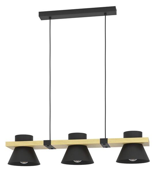 Lampadario A Sospensione Vintage Maccles Acciaio Nero Legno 3 Luci E27
