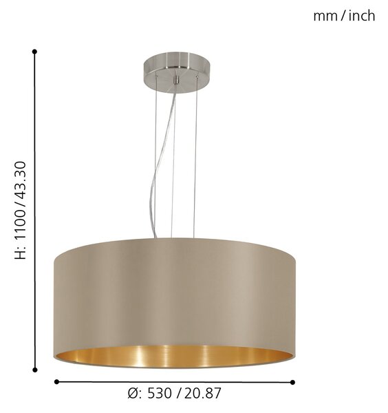Lampadario A Sospensione Contemporaneo Maserlo Acciaio Nichel Tortora 3 Luci E27