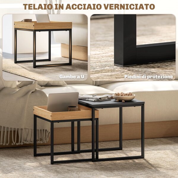 HOMCOM Set 2 Tavolini da Caffè Moderni con Gambe a U, in Legno e Acciaio, 45x45x45 cm e 40x40x40 cm, Nero