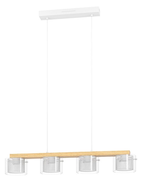 Lampadario Contemporaneo Portico-Z Metallo Bianco Legno 4 Luci Led 3,7W