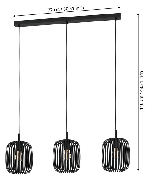 Lampadario A Sospensione Minimal Romazzina Lineare Acciaio Nero 3 Luci E27