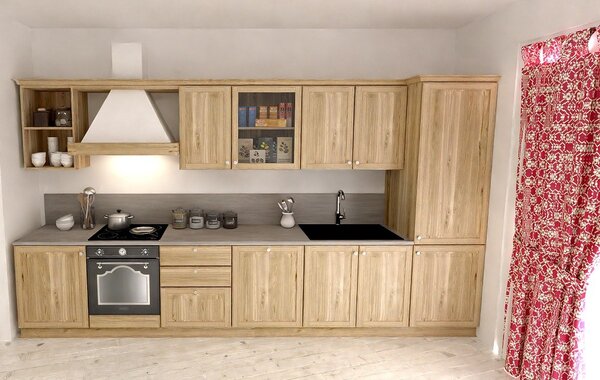 Cucina 390 cm composizione tipo lineare LEGNO DI ABETE MASSELLO LM-CUCINA390