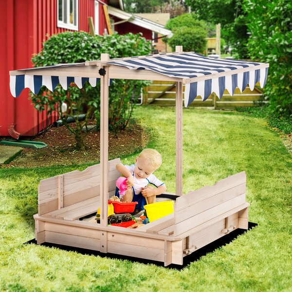 Outsunny Sabbiera per Bambini in Legno con Tettuccio Parasole, Panca e Coperchio, 106x106x121cm Bianco e Blu