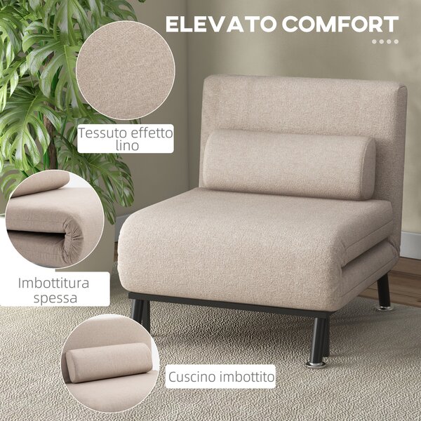 HOMCOM Poltrona salvaspazio Letto Singolo con Materasso e Cuscino Imbottito, Telaio in Metallo e Schienale Regolabile 108-180°, Beige | Aosom Italy