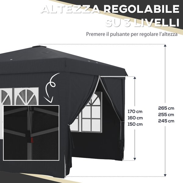 Outsunny Gazebo 3x3m Pieghevole con Borsa da Trasporto e Fori di Drenaggio,Altezza Regolabile, in Oxford impermeabile e acciaio, Grigio | Aosom Italy