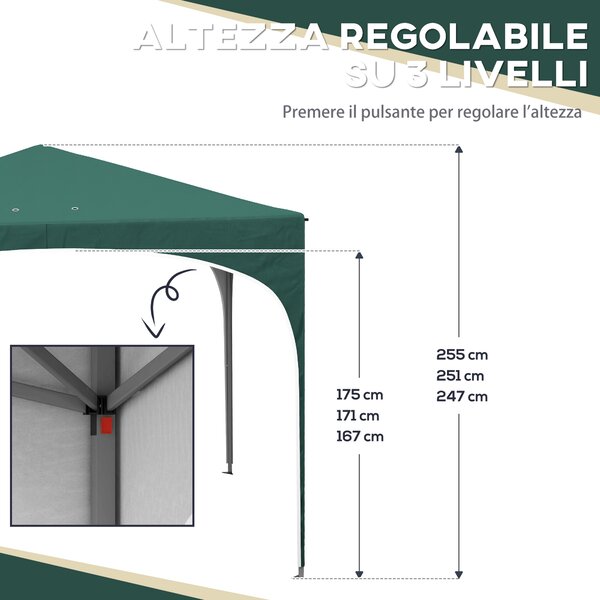 Outsunny Gazebo da Giardino ad Altezza Regolabile con Fori di Drenaggio e Borsa da Trasporto, in Metallo, Verde|Aosom