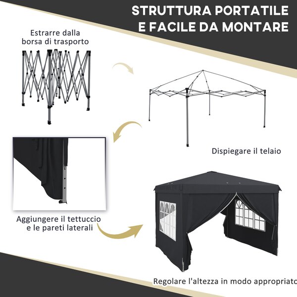 Outsunny Gazebo 3x3m Pieghevole con Borsa da Trasporto e Fori di Drenaggio,Altezza Regolabile, in Oxford impermeabile e acciaio, Grigio | Aosom Italy