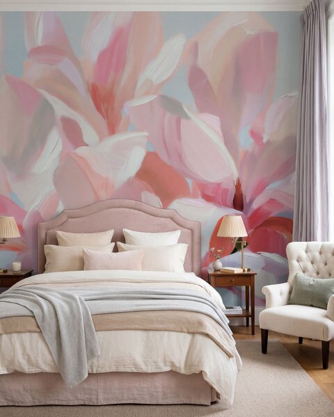 Carta da parati Primo piano di una magnolia rosa, tecnica pittorica morbida in stile imitativo, Carta da parati Floreale, w10043 : Uwalls.it