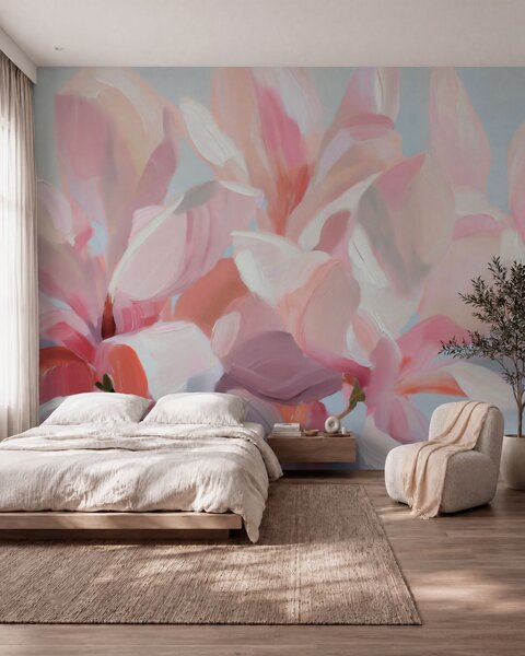 Carta da parati Primo piano di una magnolia rosa, tecnica pittorica morbida in stile imitativo, Carta da parati Floreale, w10043 : Uwalls.it