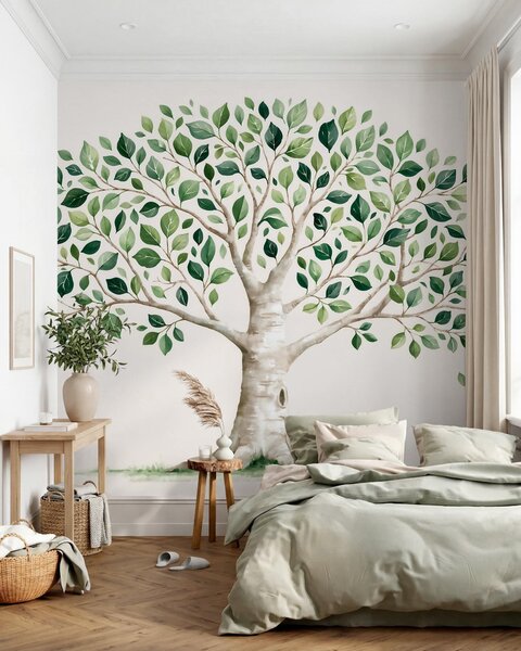 Carta da parati Albero con fogliame verde, in stile acquerello, minimalista, Carta da parati Natura, w10046 : Uwalls.it