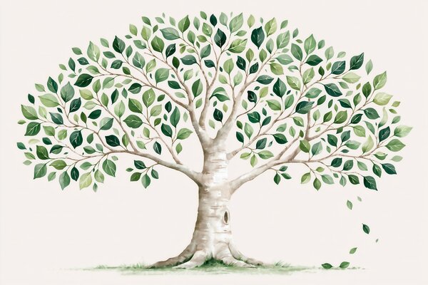 Carta da parati Albero con fogliame verde, in stile acquerello, minimalista, Carta da parati Natura, w10046 : Uwalls.it