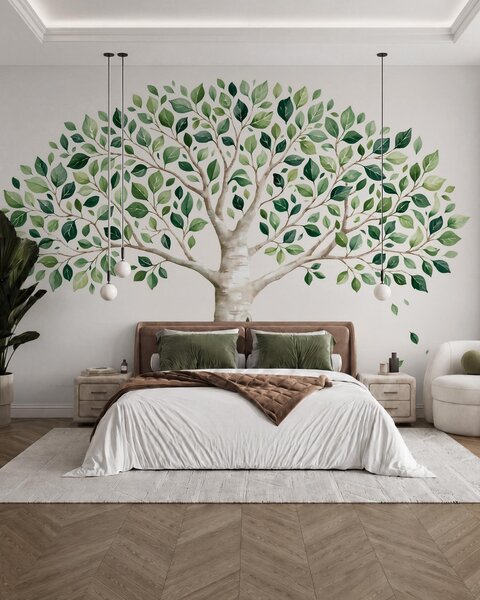 Carta da parati Albero con fogliame verde, in stile acquerello, minimalista, Carta da parati Natura, w10046 : Uwalls.it