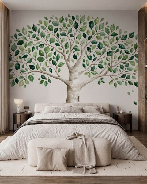 Carta da parati Albero con fogliame verde, in stile acquerello, minimalista, Carta da parati Natura, w10046 : Uwalls.it