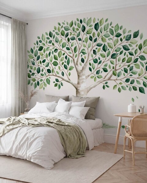 Carta da parati Albero con fogliame verde, in stile acquerello, minimalista, Carta da parati Natura, w10046 : Uwalls.it